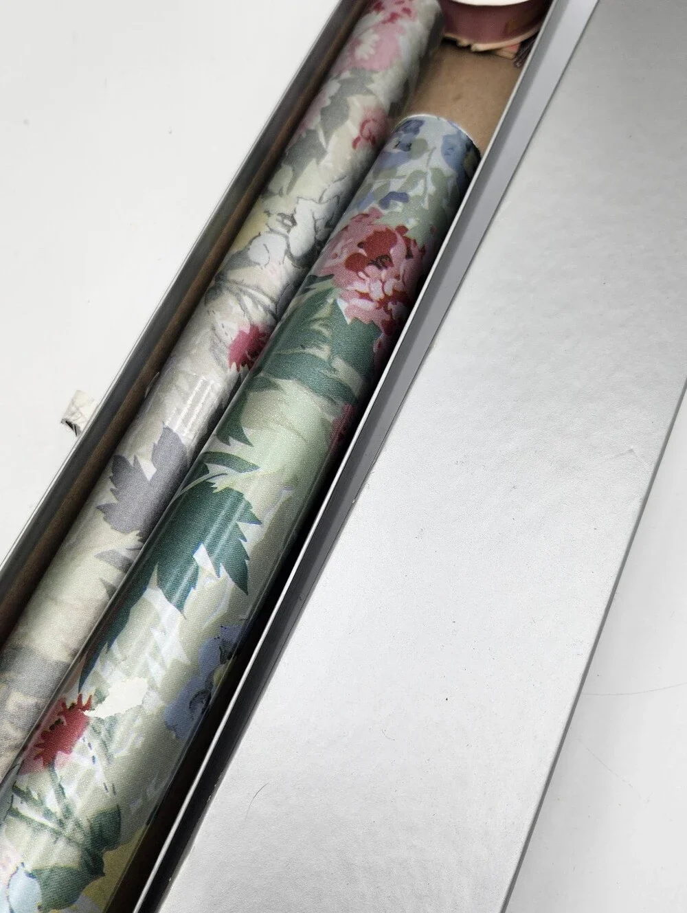 Vintage New Sally FOSTER Silver Floral Roses Wrapping Paper Rolls Card Ribbon
